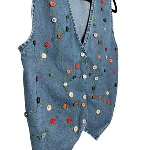 Vintage Denim Vest  Embroidered Button Floral Applique